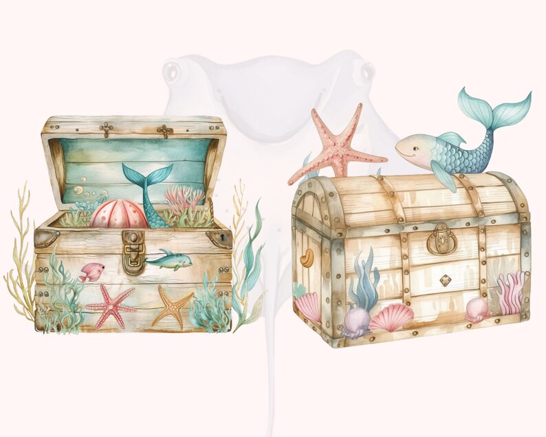 May include: Two wooden treasure chests with a nautical theme. One chest is open and contains a mermaid tail, a pink seashell, and seaweed. The other chest is closed and has a starfish, seaweed, and a blue fish on top. Both chests have gold accents.