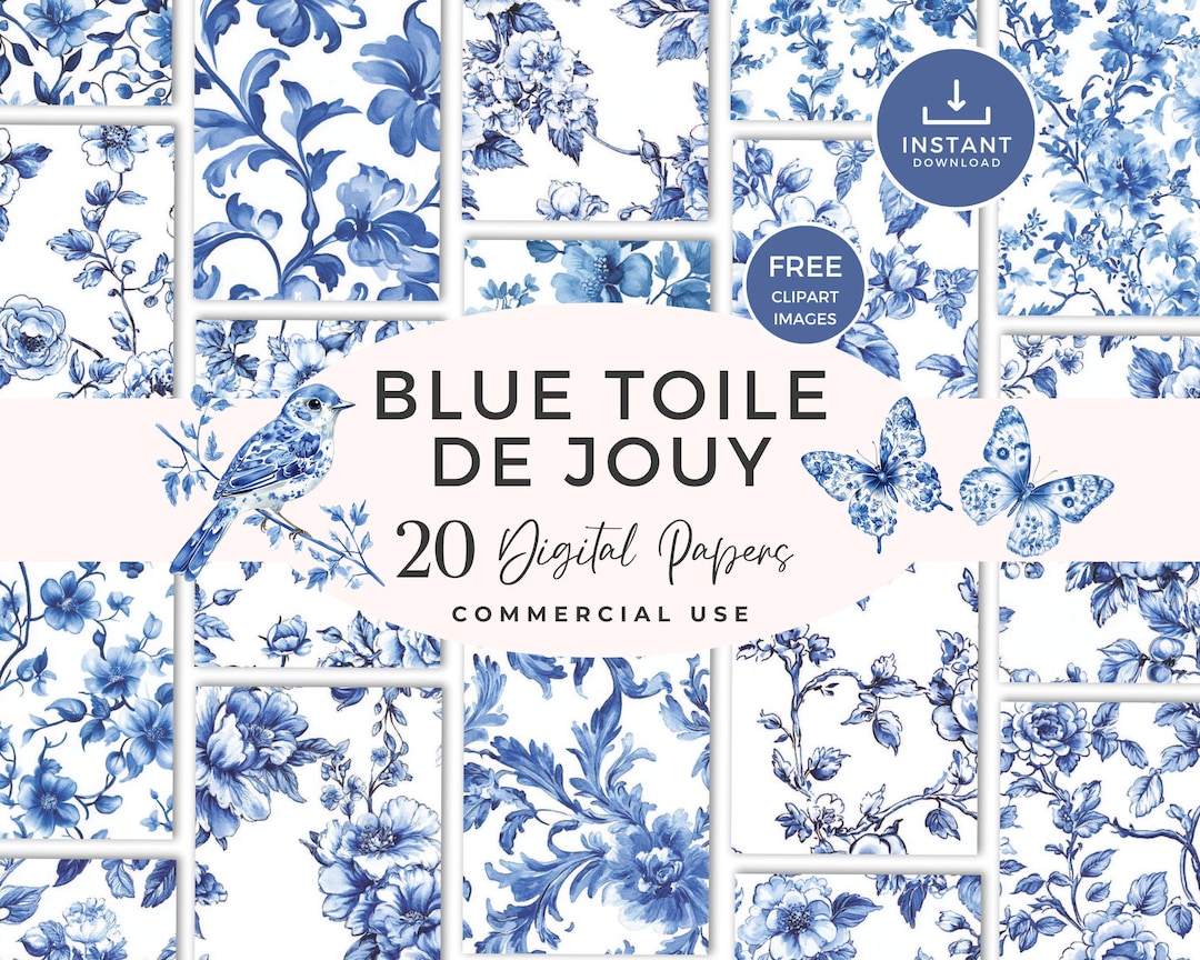 Blue Toile De Jouy Digital Paper | Vintage Floral Patterns | Blue and ...