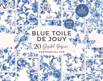 Blue Toile De Jouy Digital Paper | Vintage Floral Patterns | Blue And White Chinoiserie Backgrounds | Digital Scrapbook Paper |