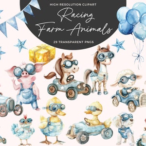 Bauernhof Tiere Racer Clipart | Rennautos Clipart | Baby Boy Sport Cars | Junge Kinderzimmer | Niedliche Bauernhof Clipart | Bauernhof Tiere Aquarell Clipart