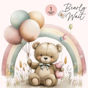 Podemos esperar Bearly Clipart / Bear Baby Shower / Baby Boy / Invitación Bearly Wait / Globos Clipart / Arte infantil / Sublimación de oso bebé