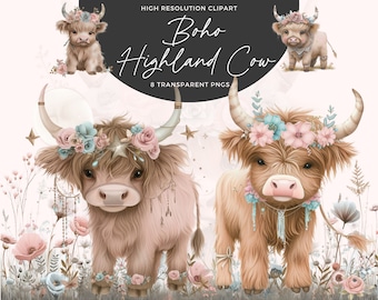 Boho Highland Cow Clipart | Floral PNG Images (Digital Download)