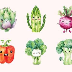Puede incluir: Un conjunto de seis ilustraciones de acuarela de diferentes verduras con caras de dibujos animados. Las verduras incluyen una alcachofa, esp&aacute;rragos, remolacha, pimiento, bok choy y br&oacute;coli.