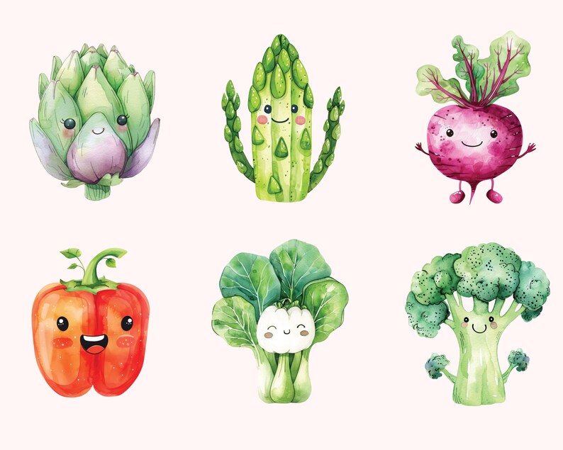 Puede incluir: Un conjunto de seis ilustraciones de acuarela de diferentes verduras con caras de dibujos animados. Las verduras incluyen una alcachofa, esp&aacute;rragos, remolacha, pimiento, bok choy y br&oacute;coli.