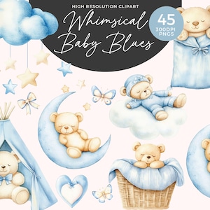 Blue Teddy Bear Clipart | Sleepy Teddy Bears | Bear PNG | Cute Watercolor Teddy Bear Bundle | Boy Baby Shower Clipart | Boy Birthday Clipart