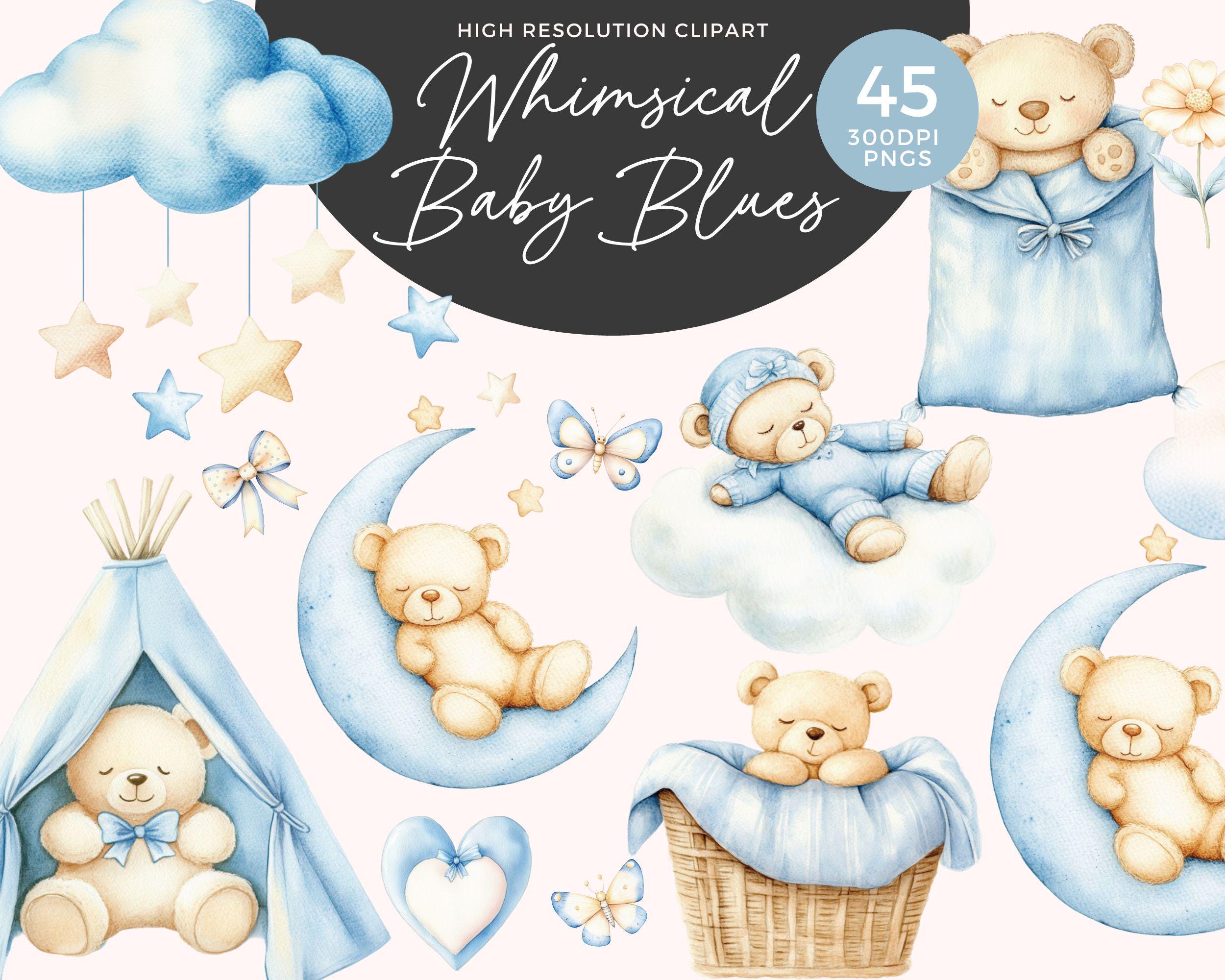 Clipart z niebieskim misiem | Śpiące misie | Miś PNG | Uroczy zestaw akwarelowych misiów | Clipart z okazji narodzin chłopca | Clipart z okazji urodzin chłopca