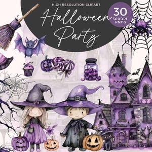 Clipart fofo de Halloween | Clipart de Halloween em aquarela | Clipart assustador roxo | Gato Preto PNG | Doces ou travessuras | Decoração de festa de Halloween