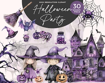 Cute Halloween Clipart | Watercolor Halloween Clipart | Purple Spooky Clipart | Black Cat PNG | Trick Or Treat | Halloween Party Decor