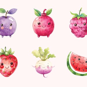 May include: Watercolor illustration of six cartoon fruits and vegetables with happy faces. The fruits and vegetables are a plum, pomegranate, raspberry, strawberry, turnip, and watermelon.