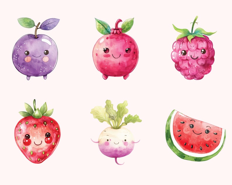 May include: Watercolor illustration of six cartoon fruits and vegetables with happy faces. The fruits and vegetables are a plum, pomegranate, raspberry, strawberry, turnip, and watermelon.
