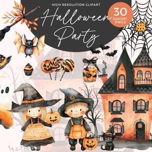 Clipart Halloween mignon | Clipart Halloween aquarelle | Clipart effrayant orange | Chat noir PNG | Des bonbons ou un sort | Décoration de fête d'Halloween