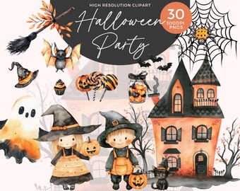 Watercolor Halloween Clipart | Spooky Black Cat PNG (300DPI)