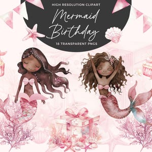 African American Mermaid Clipart | Cute Mermaid Clipart | Mermaid Birthday Clipart | Little Mermaid Birthday PNG | Mermaid Birthday Invite