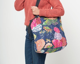 Vibrant Blue Sea Kantha Tote Bag 100% Organic Cotton Embroidered Ava Ethnic Design Blue Red Pink Shoulder Bag