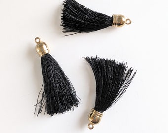 10 Silky Black Tassels with Gold Cap