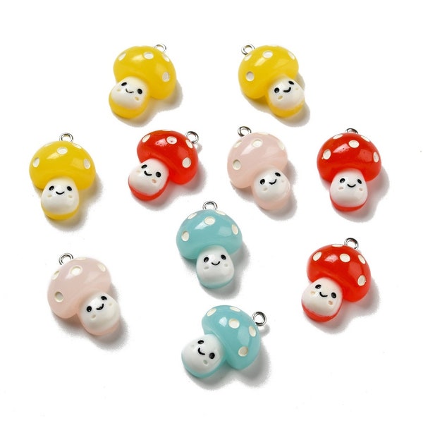 Set of Multicolor Smiling Mushroom Pendant Charms with Iron Loop