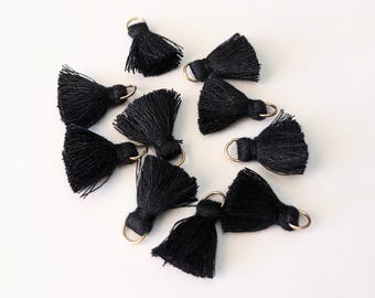 Black Cotton Tassels with Gold Jump Ring 10 pieces