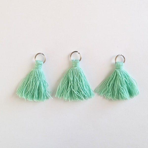 3 Mint Green Cotton Tassels with Silver Ring