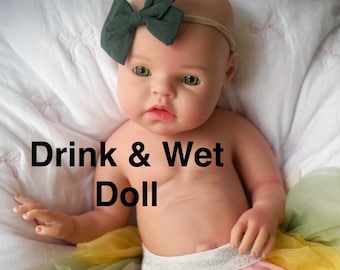 Drink & Wet silicone baby doll, CHOOSE EYE COLOR! reborn Girl 8 lbs. 20" No seams on arms or legs, baths ok, realistic doll