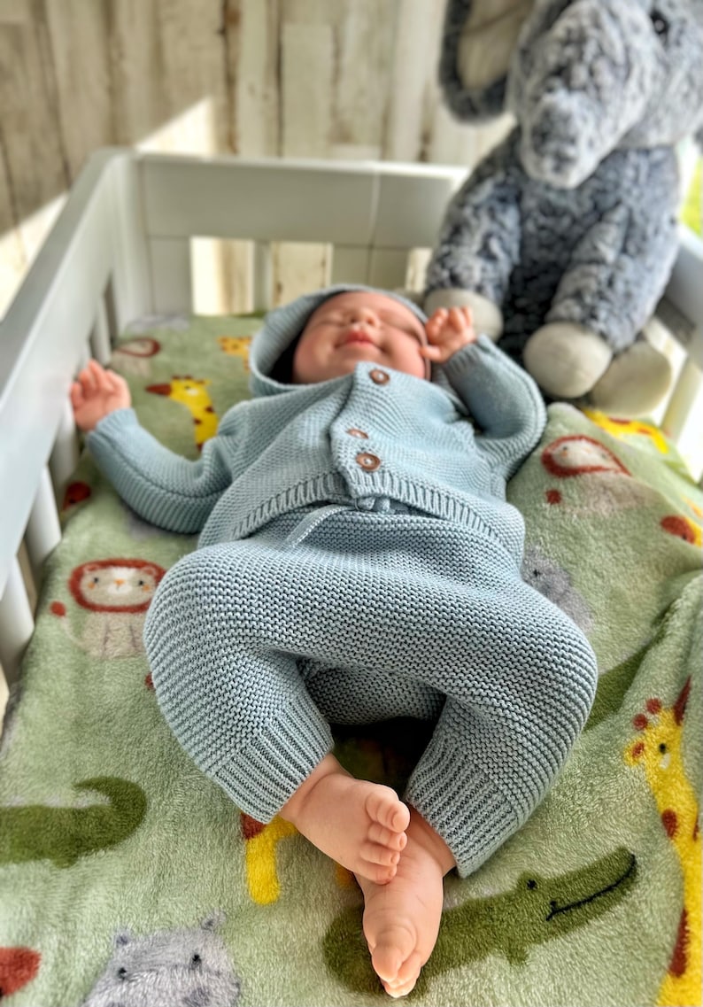 Puede incluir: Un beb&eacute; con un c&aacute;rdigan con capucha y pantalones de punto azul claro yace en una cuna blanca. El beb&eacute; est&aacute; sobre una manta verde con dise&ntilde;os de animales. Un elefante de peluche gris est&aacute; en el fondo.