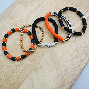Custom Name Heishi Bracelet Set: Orange, Black & Gold Clay Bead Stacking Bracelets