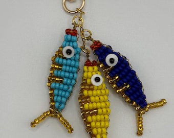 Beaded Fish Keychain: Colorful Handmade Bead Charm with Gold Clasp