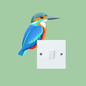 May include: A blue, orange and green kingfisher bird perched on a white light switch.