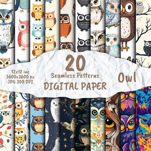 Könnte beinhalten: 20 digitale Papierdesigns mit Eulen in verschiedenen Farben und Mustern. Jedes Design ist 12 Zoll mal 12 Zoll groß und hat eine Auflösung von 3600 Pixel mal 3600 Pixel bei 300 DPI.