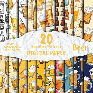 Bier - digitaal papier, bierpatronen, plakboekpapierpakket, naadloze patronen, afdrukbaar bierthemapapier, bierachtergrond, ambachten, feest