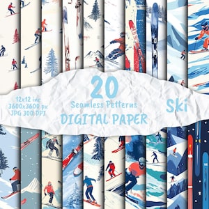 Esquí - Papel Digital, Patrones de Esquí, Paquete de Papel Scrapbook, Patrones Sin Costuras, Deporte, Fondo de Esquí, Manualidades, Esquí, Deportes de Invierno, Patrón