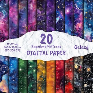 May include: 20 seamless digital paper patterns featuring galaxy designs in various colors, including purple, blue, green, orange, and red. Each pattern is 12x12 inches, 3600x3600 pixels, and 300 DPI.