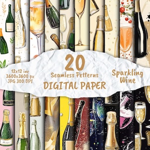 Vino espumoso - Papel digital, patrón de champán, paquete de papel para álbumes de recortes, patrón sin costuras, papel imprimible de champán, fondo, manualidades, fiesta