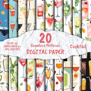 Cocktail - Carta digitale, motivo cocktail, confezione di carta per album, motivo senza soluzione di continuità, alcol, carta da cocktail, carta da regalo, festa