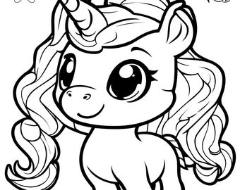May include: A black and white line drawing of a cute cartoon unicorn with a long flowing mane and tail. The unicorn is standing on a field of flowers with butterflies flying around it.