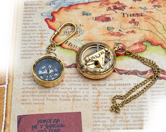 Vintage-inspired Brass Sundial Compass with Push Button - 2 Inch Diameter Free Gift Compass Keychain