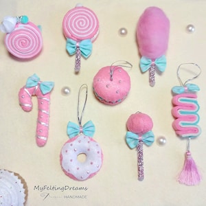 Pink Candy Ornaments: Cotton Candy, Lollipop, Candy Cane, Cake Pop, Macaron, Donut, Ribbon Candy, Roll Cake - Christmas Decor, Handmade Gift