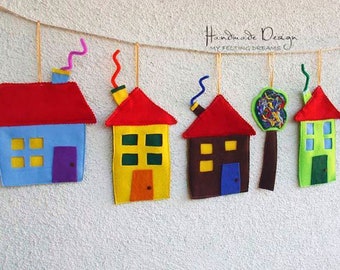 Wall Hanging Set of 6 Felt Houses Handmade Room Decor | Colorful Garland | Wall Hanging Ornaments | Home Decoration | Housewarming Gift