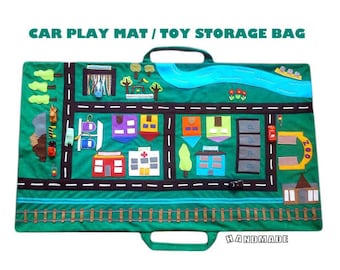 Personalized Playmat Car City Road and Train On-The-Go Toy Storage Fold-Up | Handmade Play Mat | Travel Toy | Personalized Gift for Toddlers