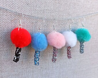 Lollipop Pompom Earrings, Handmade Jewelry, Kids & Adults Fun Quirky Look, Candy Costume Accessory, Unique Gift for Her, Mom, Girl, Daughter