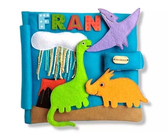 Dinosaur Book | Personalized Custom Quiet Book with Finger Puppets | Educational Didactic Play & Learn Toy | Unique Handmade Gift for Kids