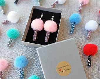 Earrings Lollipop Pompom, Handmade Jewelry, Kids & Adults Fun Quirky Look, Candy Costume Accessory, Unique Gift for Her, Mom, Girl, Daughter