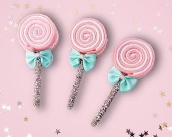 Set of 3 Pink Fake Lollipops with Shiny Crystal Rhinestones Stick - Handmade Faux Lollipop, Candy Ornaments, Home Decor, Photo Props, Gift