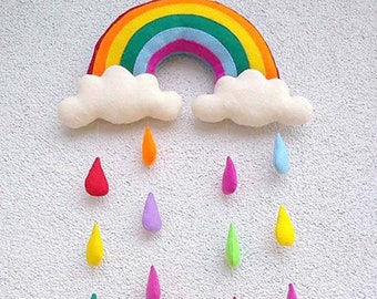 Wall Hanging Decor 30" (75 cm) - Rainbow with Clouds and 14 Colorful Raindrops - Kids Room Decor, Unique Handmade Gift for Baby Toddler Kids