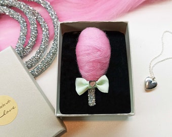 Cotton Candy Brooch, Fairy Floss Jewelry with Silver Shiny Rhinestones, Miniature Candy Floss - Unique Handmade Gift for Her, Mom, Daughter