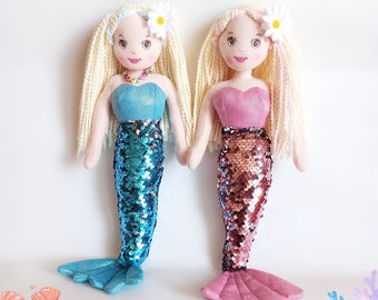 Roze of blauwe gepersonaliseerde zeemeerminpop 16" (42 cm) - Naam van het kind op poppenketting | Zacht gevuld pluche popspeelgoed | Gepersonaliseerd cadeau voor kinderen