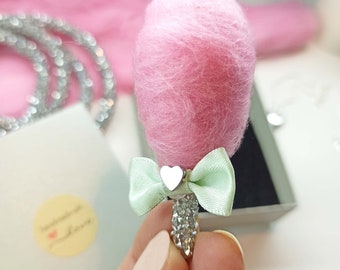 Cotton Candy Brooch, Handmade Jewelry, Fairy Floss with Silver Shiny Rhinestones Stick, Miniature Candy Floss - Unique Handmade Gift for Her