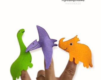 Dinosaur Finger Puppet Toys | Handmade Finger Puppets - Triceratops, Pterosaur, Brachiosaurus | Dinosaurs Montessori Play, Gift for Toddlers