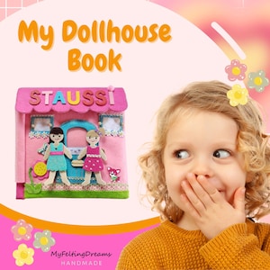 Personalized, Custom Dollhouse book, handmade book with child name on the cover, and custom dolls to play with. Activity pages: Bedroom, Laundry room, Bathroom, Kitchen, Babycare, Garden, Nursing room. Unique gift for girls. Playing with dolls. Gift.