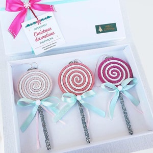 Pink Lollipop Christmas Ornaments Set: Glitter Candy Decor in Gift Box