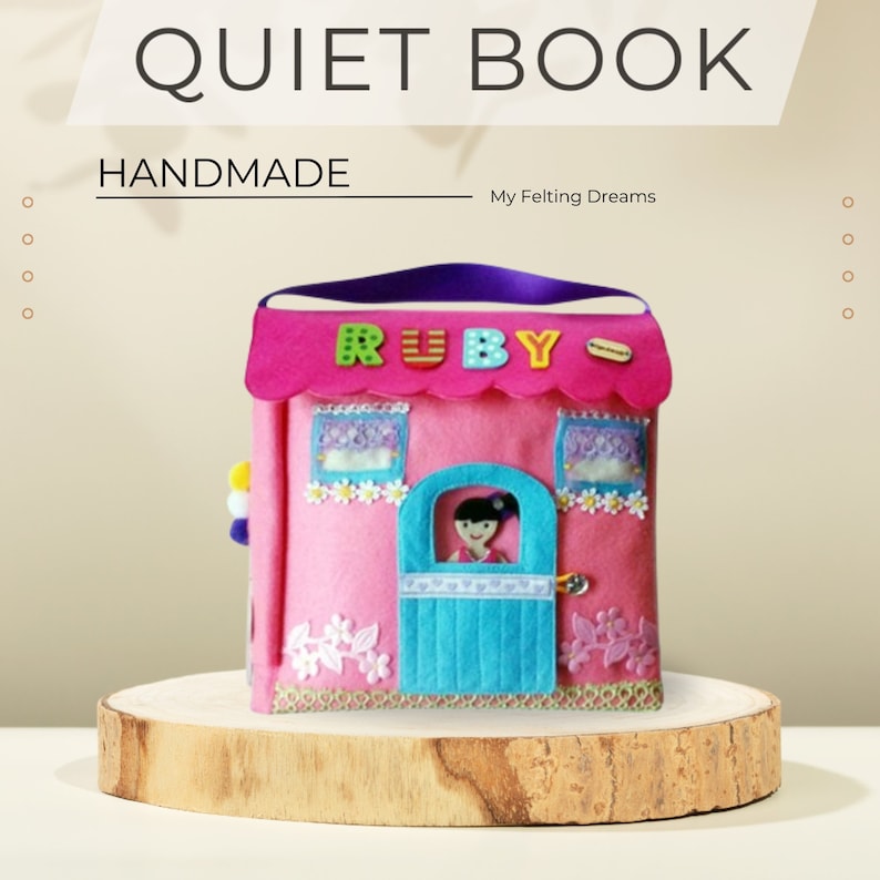 Handmade Quiet Book  in pink color with Dollhouse cover designed to accompany learning and sensory development. The book has two dolls to play with, it is personalized and custom made. This is a sensory toy for playing and learning. Gift for kids.